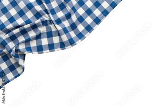 Blue and white checkered gingham cotton tablecloth, medium checks, soft folds, draped elegantly on transparent studio background with copy space, bright diffused studio lighting. Concept for culinary