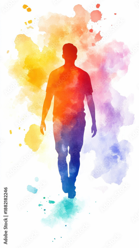 Fototapeta premium Silhouette of a male walking with colorful watercolor background. International Men's Day
