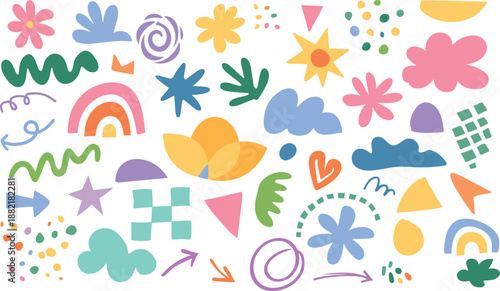 Large set of abstract hand drawn shapes and decorative doodle objects. Multicolored modern elements perfect for backgrounds, collages, packaging and social media design