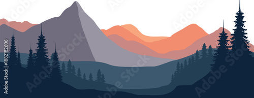 A serene mountain landscape with trees at sunset