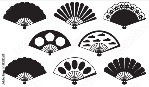 Folding hand fan silhouette icon set with decorative traditional designs