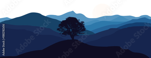 A serene landscape of a tree on a hill with mountains in the background at sunset