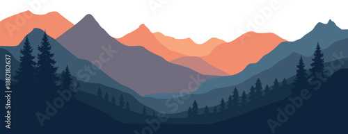 A serene mountain landscape at sunset with silhouetted trees in the foreground