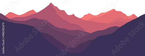 A serene mountain landscape at sunset with vibrant pink and purple hues