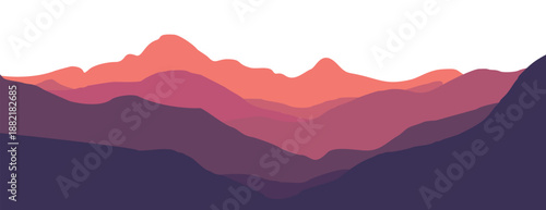 A serene mountain landscape at sunset with vibrant colors and peaceful atmosphere