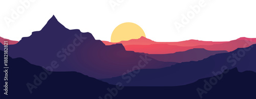 A serene mountain landscape at sunset with vibrant colors in the sky