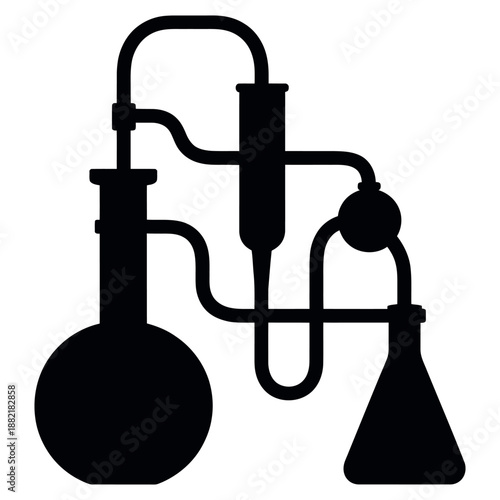 Complex laboratory glass apparatus silhouette for chemical distillation and research experiments isolated on white background representing scientific innovation and chemistry