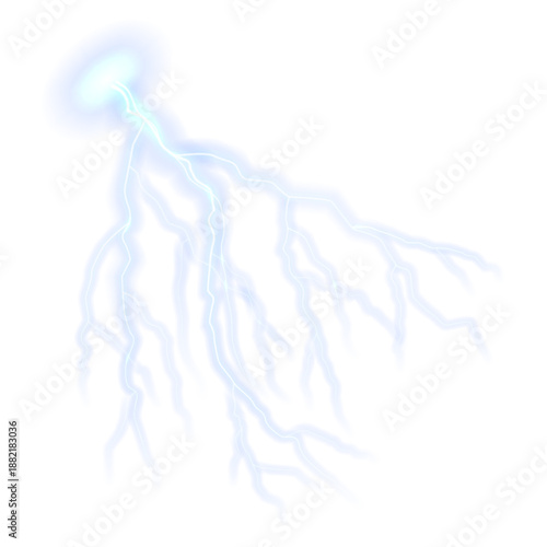 Realistic flickering lightning effect. Effect of bright electric discharge of blue lightning isolated on light background. Vector bright glowing lightning effect or thunderstorms.