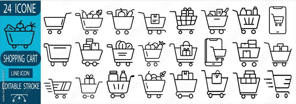 Φωτογραφία Shopping cart line icon featuring grocery basket, mobile shop, delivery box, gift trolley, supermarket bag, store sale, and more 24 vector icon set vector illustration with editable stroke