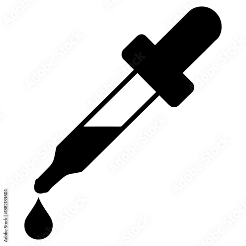 Minimalist eye dropper tool icon silhouette with falling liquid droplet for medical pharmaceutical and laboratory research applications isolated on white background vector art