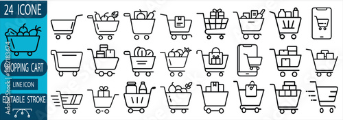 Shopping cart line icon featuring grocery basket, mobile shop, delivery box, gift trolley, supermarket bag, store sale, and more 24 vector icon set vector illustration with editable stroke.