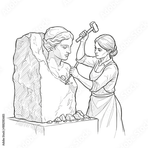 Female sculptor chiseling marble statue with hammer in studio  