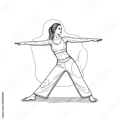 Female yoga instructor guiding in a warrior pose illustration  