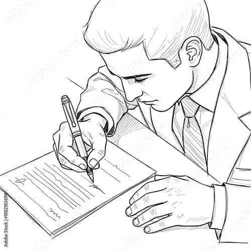Male man with luxury pen signing document in formal attire  