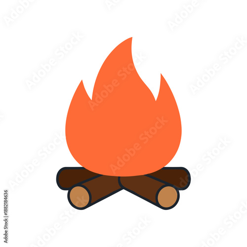 A vibrant campfire with orange flames burning atop stacked logs in a serene outdoor setting