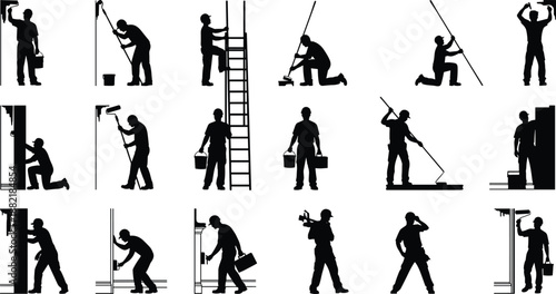 Black silhouette set of professional painters and construction workers painting walls with rollers, ladders, buckets and tools, isolated on white background illustration