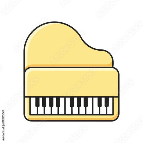 A vibrant yellow grand piano showcasing intricate keys, set against a minimalist background