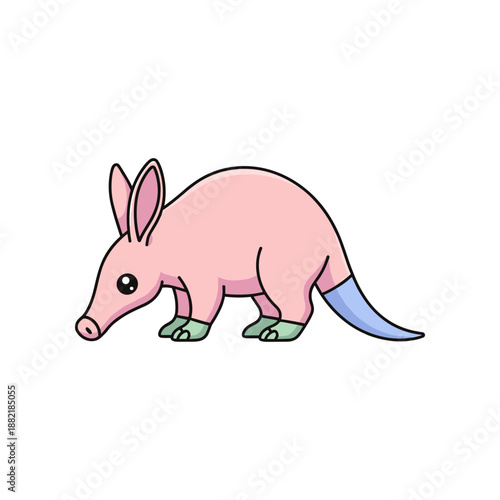 A whimsical cartoon aardvark with pastel colors exploring a vibrant, imaginary landscape