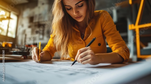 Professional female architect in work process. Drawing building design and preparing construction documents.