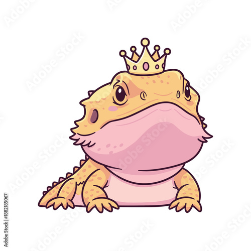 A whimsical illustration of a bearded dragon wearing a crown, exuding regal charm in a playful setting