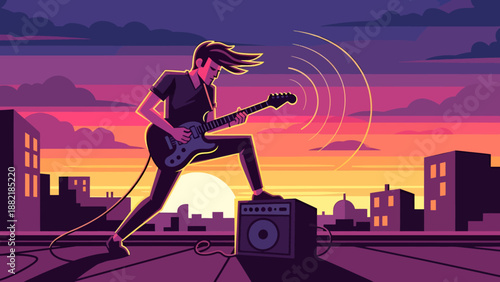 Rock musician playing electric guitar on city rooftop during colorful sunset with amplifier and sound waves against urban skyline featuring purple clouds and glowing sun for music promotion