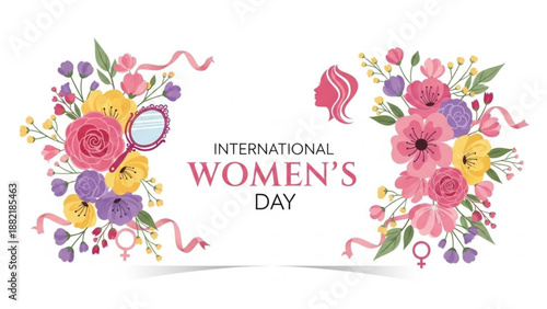 International women's day floral banner with pink yellow purple flowers and female symbols