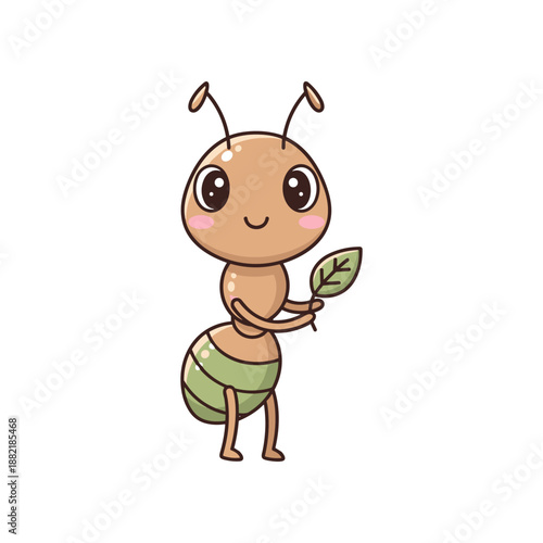 Cartoon ant character holding a leaf, smiling cheerfully in a simple white background
