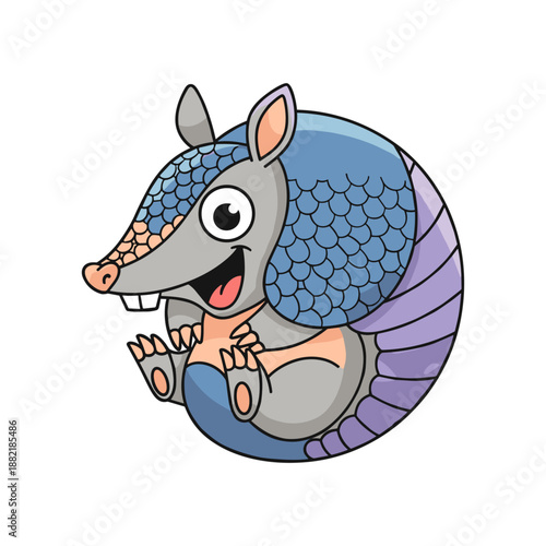 Cartoon armadillo character with a cheerful expression, curled up against a white background