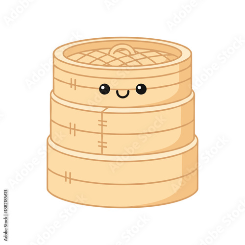 Cartoon illustration of a cheerful stacked bamboo steamer with a smiling face, set against a plain background