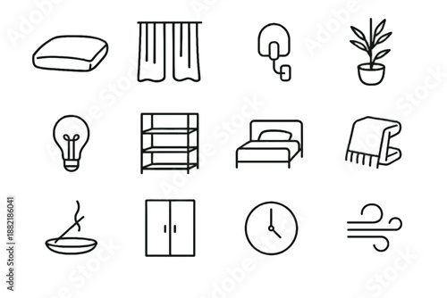 Linen drapes clock incense icons cushion burner closet peaceful minimal bedroom vector