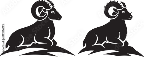 Majestic bighorn sheep ram silhouettes sitting in a natural landscape representing mountain wildlife and zodiac symbols