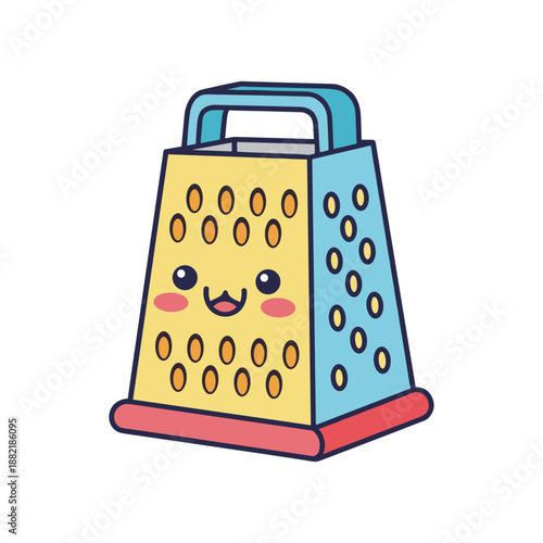 Cheerful cartoon cheese grater with a smiling face, isolated on white background, ideal for fun kitchen designs