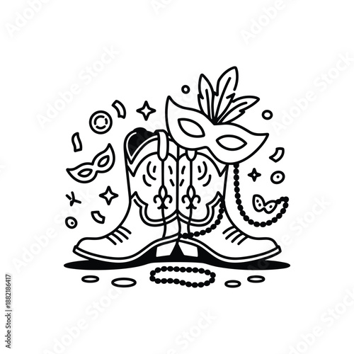 Pair of cowboy boots adorned with a masquerade mask and beaded necklaces for a festive celebration Illustration