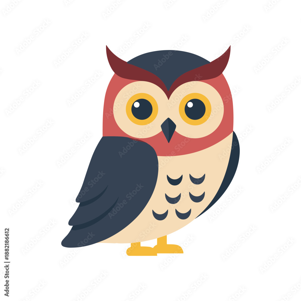 Obraz premium Colorful cartoon owl standing proudly on a white background, showcasing its vibrant features