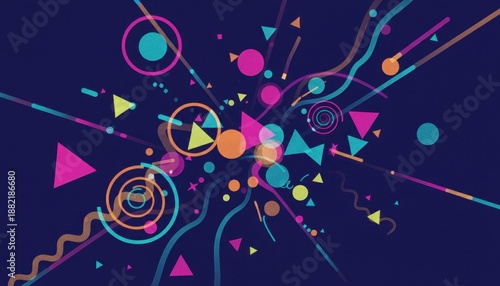 Vibrant Abstract Geometric Shapes and Dynamic Lines Exploding on a Dark Background, Energetic Design