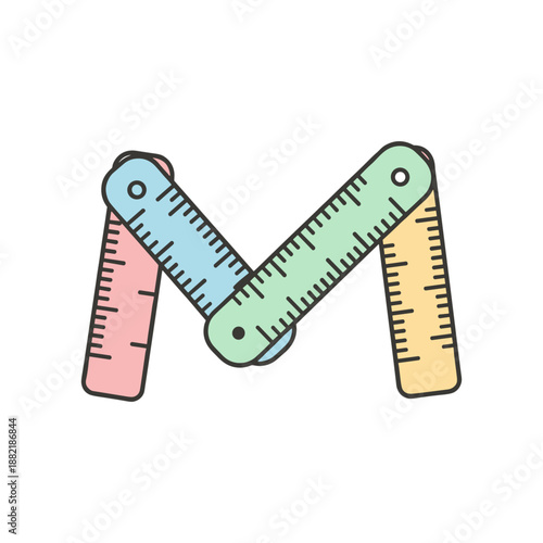 Colorful geometric design featuring rulers arranged in an 'M' shape against a white background