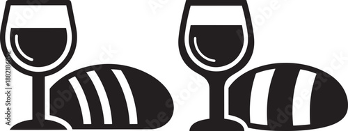 Elegant Pairing of Wine and Bread Illustrations - Two Sets, Black and White Icons for Dining