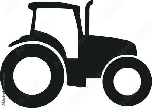 Black minimalist tractor silhouette icon representing agricultural machinery, farming equipment, heavy duty vehicle, rural transport, and modern industrial farm land work