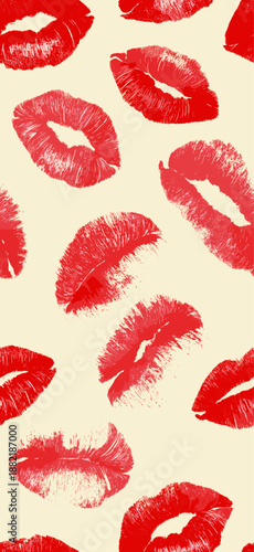 Red lipstick kiss marks covering a cream textured paper surface, creating a playful pattern. Red lipstick kiss marks seamless pattern on textured paper