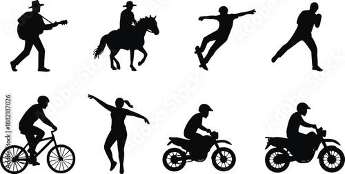 Diverse silhouette set featuring people horse riding, playing guitar, skateboarding, boxing, cycling, dancing, and motorcycling for active lifestyle and hobby design