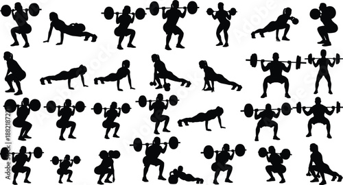 Fitness workout silhouette collection showing athletes performing weightlifting, squats, push ups and strength training exercises, isolated black figures on white background