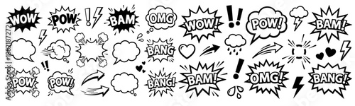Line speed cartoon effect, boom explosive motion line element set. Comic boom burst, explosive smoke, line speed cartoon vector icon. Hand drawn sketch doodle action effect.