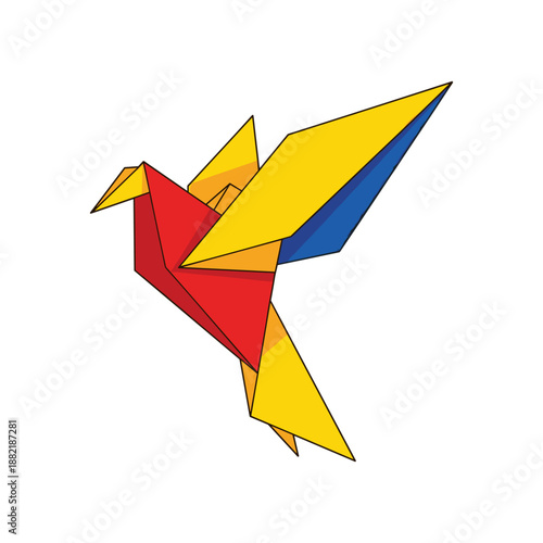 Colorful origami bird in flight, showcasing vibrant paper folds against a white background