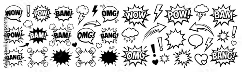 Comic boom cartoon effect line element set. Comic speech bubble pow, boom text, explosive splash smoke, wow cartoon vector icon. Hand drawn sketch doodle explosive element. Vector illustration.
