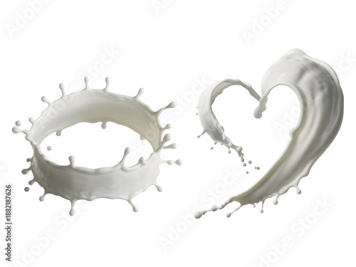 Milk splash in a crown shape and a heart shape isolated on transparent background