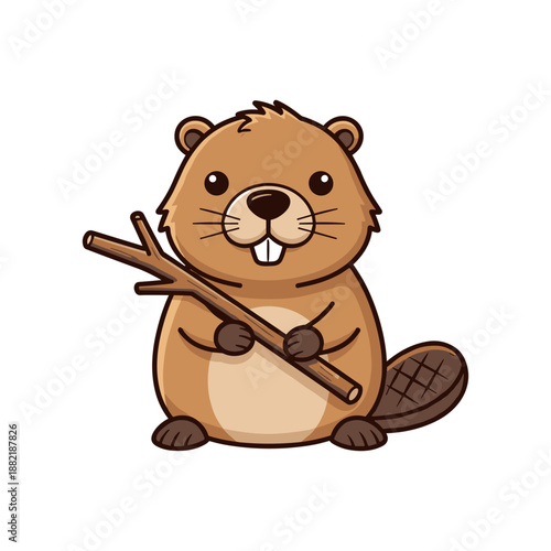 Cute cartoon beaver holding a stick, smiling cheerfully against a simple white background