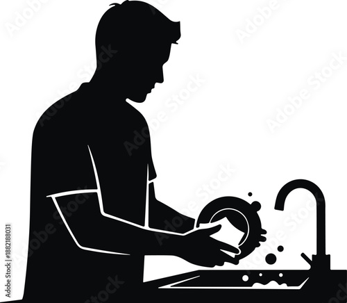 Black silhouette of a man washing dishes in a kitchen sink for housework chores home cleaning and domestic lifestyle themes