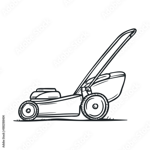 Classic push lawnmower with a grass collection bag is depicted in a simple, hand-drawn black and white illustration style, perfect for gardening and yard work themes.