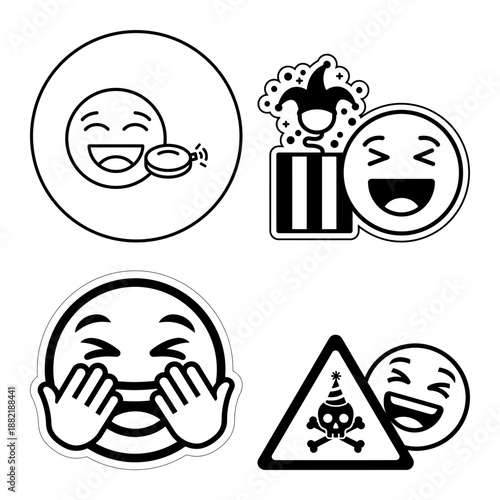 April Fools Giggle Emoji Party Horn Gift and Warning Icons Black and White Vector Set