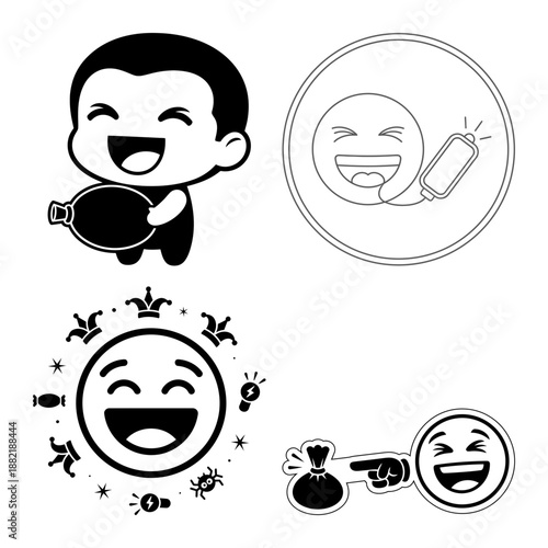 April Fools Prank Call and Water Balloon Emoji Stickers Black and White Vector Set